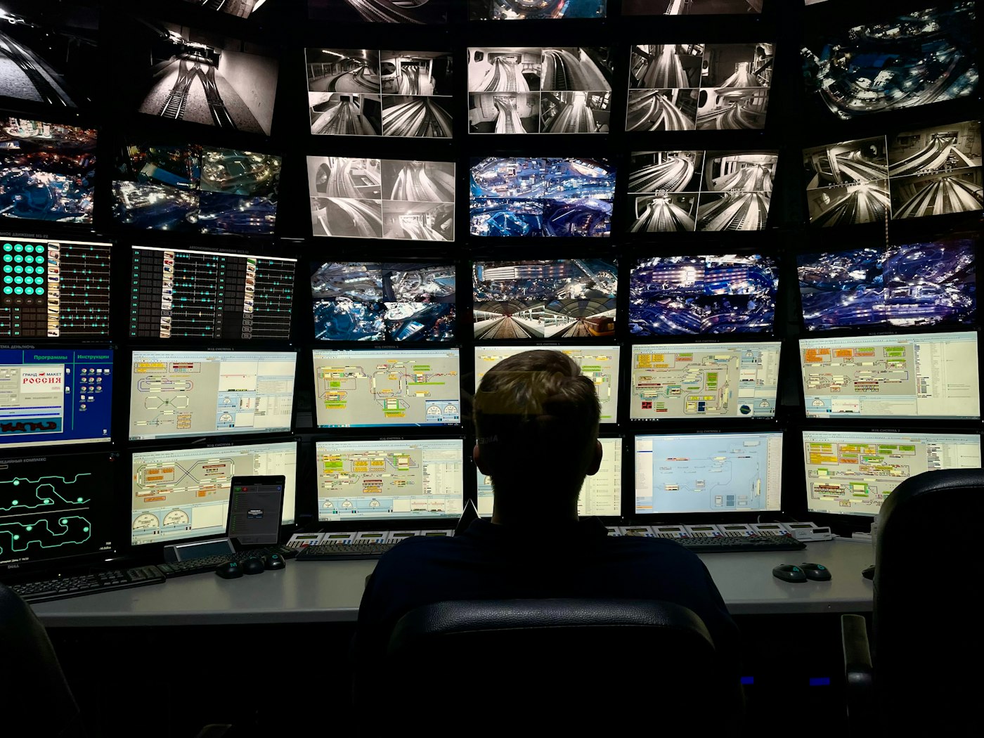 Operator monitoring multiple security camera feeds in a dispatch room